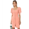 Dropship Women's Knitting stretchable Solid Square Neck 3-4 Puff Sleeve Dress (Peach)