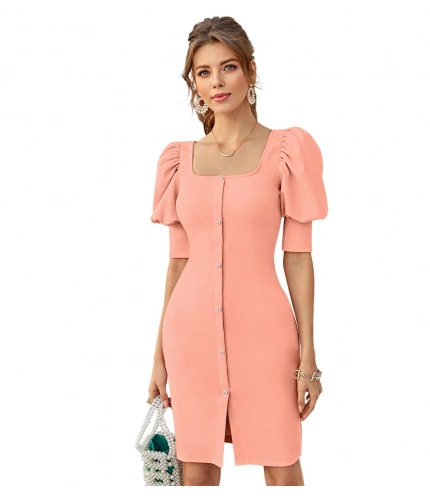 Women's Knitting strachable Solid Square Neck 3-4 Puff Sleeve Dresses (Peach)