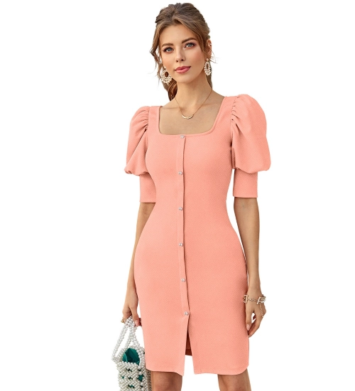 Women's Knitting stretchable Solid Square Neck 3-4 Puff Sleeve Dress (Peach)