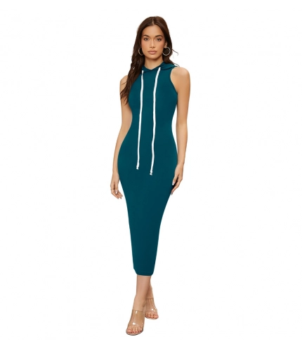 Women's Knitting strachable Solid Round Neck Sleeveless Dresses (Morpich)