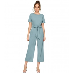 Women's Knitting stretchable Solid Round Neck Cap Sleeve Jumpsuit (Pista )