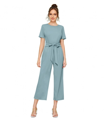 Women's Knitting strachable Solid Round Neck Cap Sleeve Jumpsuit (Pista )
