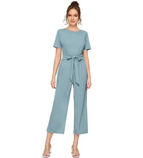 Women's Knitting stretchable Solid Round Neck Cap Sleeve Jumpsuit (Pista )