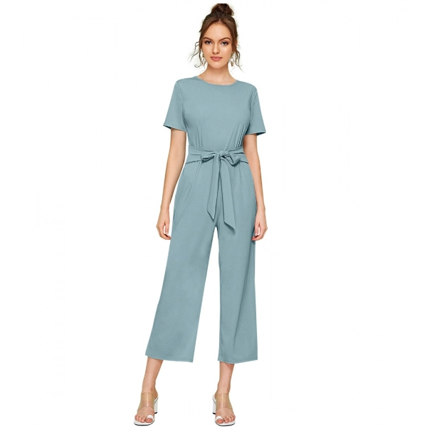 Dropship Women's Knitting stretchable Solid Round Neck Cap Sleeve Jumpsuit (Pista )