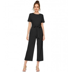 Women's Knitting stretchable Solid Round Neck Cap Sleeve Jumpsuit (Black)