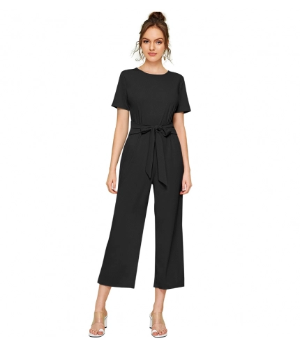 Women's Knitting strachable Solid Round Neck Cap Sleeve Jumpsuit (Black)