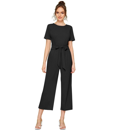 Women's Knitting stretchable Solid Round Neck Cap Sleeve Jumpsuit (Black)