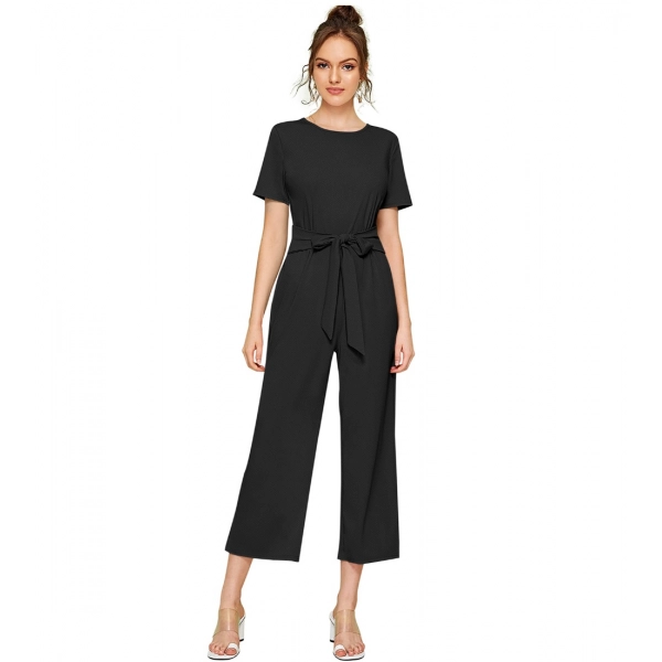 Dropship Women's Knitting stretchable Solid Round Neck Cap Sleeve Jumpsuit (Black)