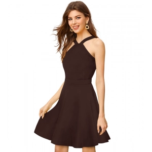 Generic Women's Knitting stretchable Solid Halter Neck Sleeveless Dress (Coffee)