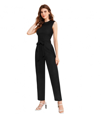 Women's Knitting strachable Solid Round Neck Sleeveless Jumpsuit (Black)