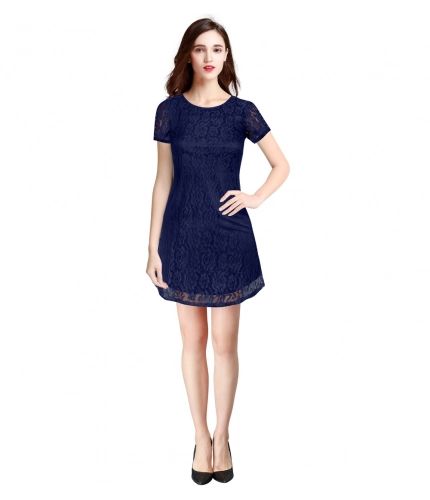 Women's Rasal Solid Round Neck Cap Sleeve Dresses (Blue)