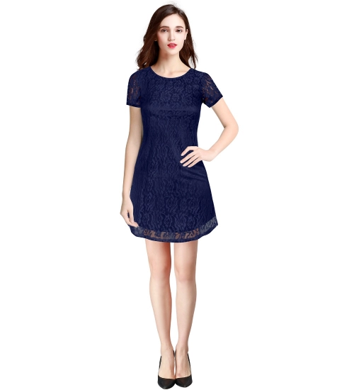 Women's Rasal Solid Round Neck Cap Sleeve Dress (Blue)