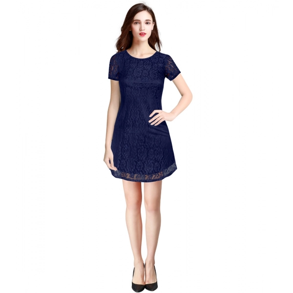 Dropship Women's Rasal Solid Round Neck Cap Sleeve Dress (Blue)