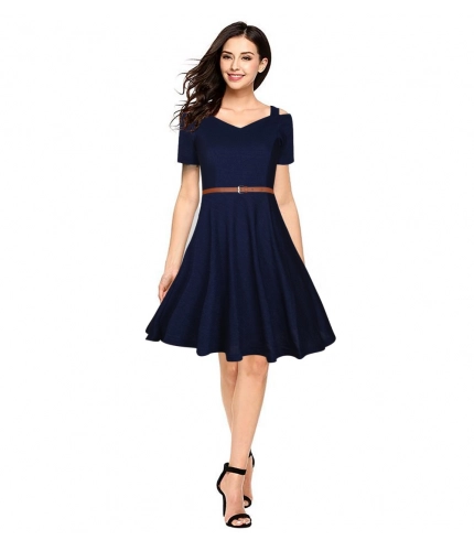 Women's Polyster Solid V Neck Cap Sleeve Dresses (Blue)