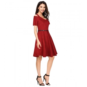 Generic Women's Polyester Solid V Neck Cap Sleeve Dress (Maroon)