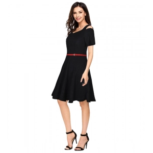 Generic Women's Polyester Solid V Neck Cap Sleeve Dress (Black)