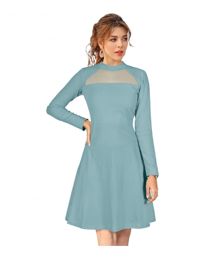 Women's Knitting strachable Solid Round Neck Full Sleeve Dresses (Pista)