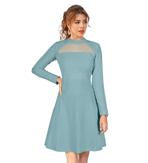 Women's Knitting stretchable Solid Round Neck Full Sleeve Dress (Pista)