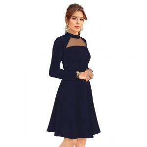 Generic Women's Knitting stretchable Solid Round Neck Full Sleeve Dress (Blue)