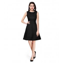 Women's Polyester Solid Round Neck Sleeveless Dress (Black)
