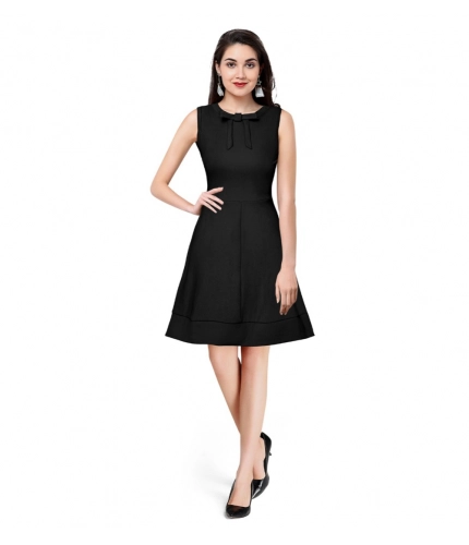 Women's Polyster Solid Round Neck Sleeveless Dresses (Black)