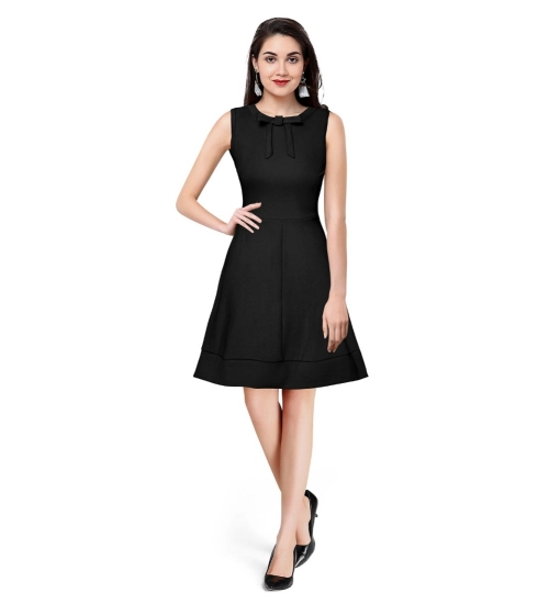 Women's Polyester Solid Round Neck Sleeveless Dress (Black)