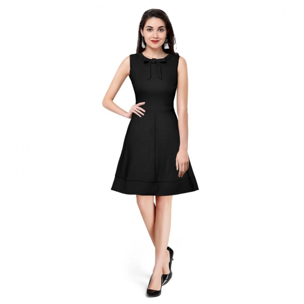 Dropship Women's Polyester Solid Round Neck Sleeveless Dress (Black)