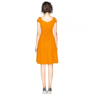 Generic Women's Polyester Solid V Neck Cap Sleeve off Shoulder Dress (Yellow)