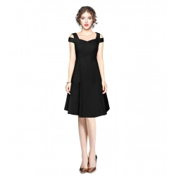 Women's Polyester Solid V Neck Cap Sleeve off Shoulder Dress (Black)