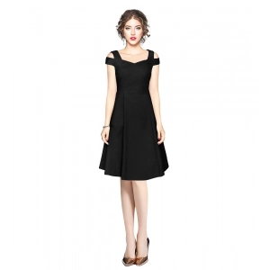 Generic Women's Polyester Solid V Neck Cap Sleeve off Shoulder Dress (Black)