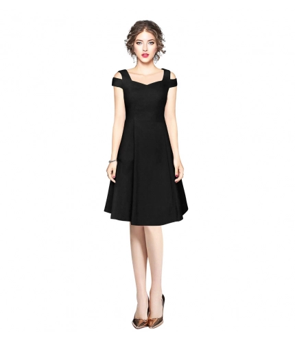 Women's Polyster Solid V Neck Cap Sleeve off Sholder Dresses (Black)