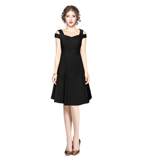 Women's Polyester Solid V Neck Cap Sleeve off Shoulder Dress (Black)