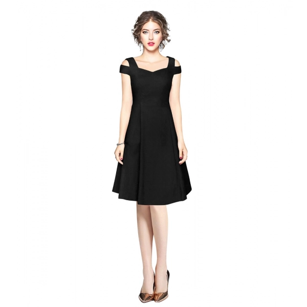 Dropship Women's Polyester Solid V Neck Cap Sleeve off Shoulder Dress (Black)