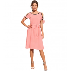 Women's Knitting stretchable Solid Round Neck Sleeveless Dress (Peach)