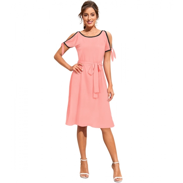 Dropship Women's Knitting stretchable Solid Round Neck Sleeveless Dress (Peach)
