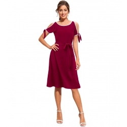 Women's Knitting stretchable Solid Round Neck Sleeveless Dress (Maroon)