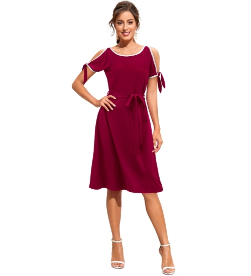 Women's Knitting stretchable Solid Round Neck Sleeveless Dress (Maroon)