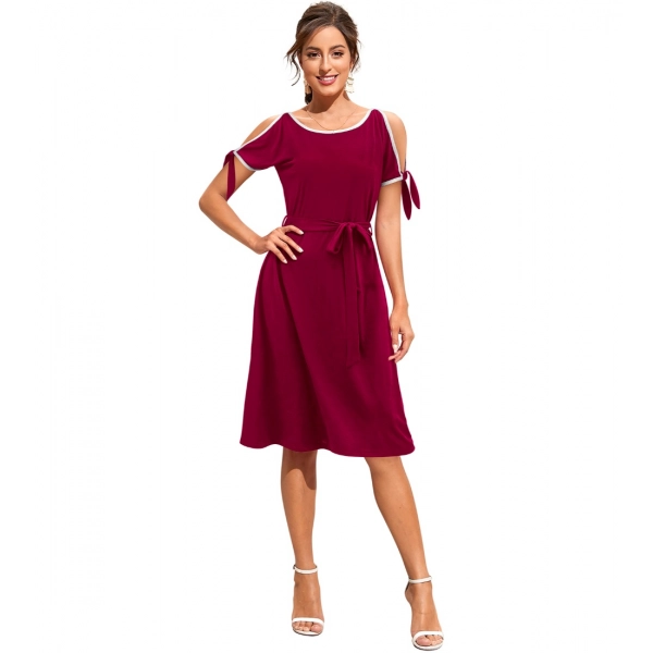Dropship Women's Knitting stretchable Solid Round Neck Sleeveless Dress (Maroon)