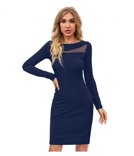 Women's Knitting strachable Solid Round Neck Full Sleeve Dresses (Blue )