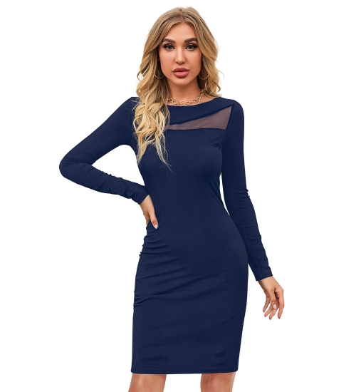 Women's Knitting stretchable Solid Round Neck Full Sleeve Dress (Blue )
