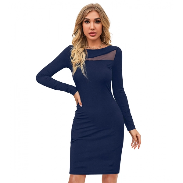 Dropship Women's Knitting stretchable Solid Round Neck Full Sleeve Dress (Blue )