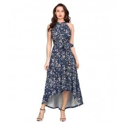 Women's Polyester Printed Halter Neck Sleeveless Dress (Blue)