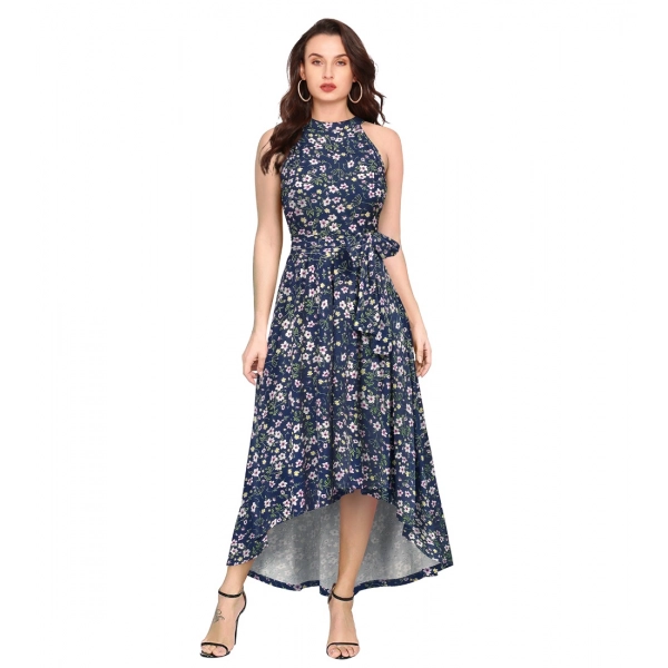 Dropship Women's Polyester Printed Halter Neck Sleeveless Dress (Blue)