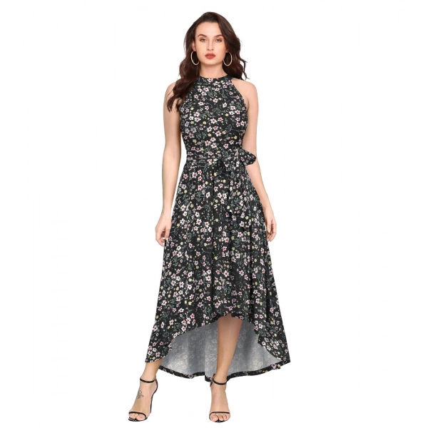 Dropship Women's Polyester Printed Halter Neck Sleeveless Dress (Black)