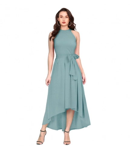 Women's Polyster Solid Helter Neck Sleeveless Dresses (Pista)