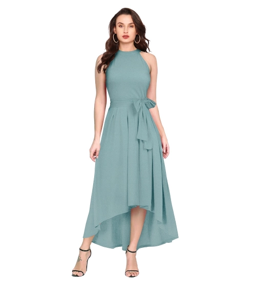 Women's Polyester Solid Halter Neck Sleeveless Dress (Pista)