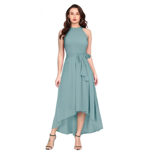 Dropship Women's Polyester Solid Halter Neck Sleeveless Dress (Pista)