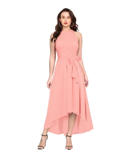 Women's Polyster Solid Helter Neck Sleeveless Dresses (Peach)
