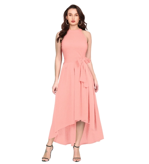 Women's Polyster Solid Halter Neck Sleeveless Dress (Peach)