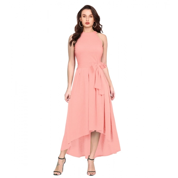 Dropship Women's Polyster Solid Halter Neck Sleeveless Dress (Peach)